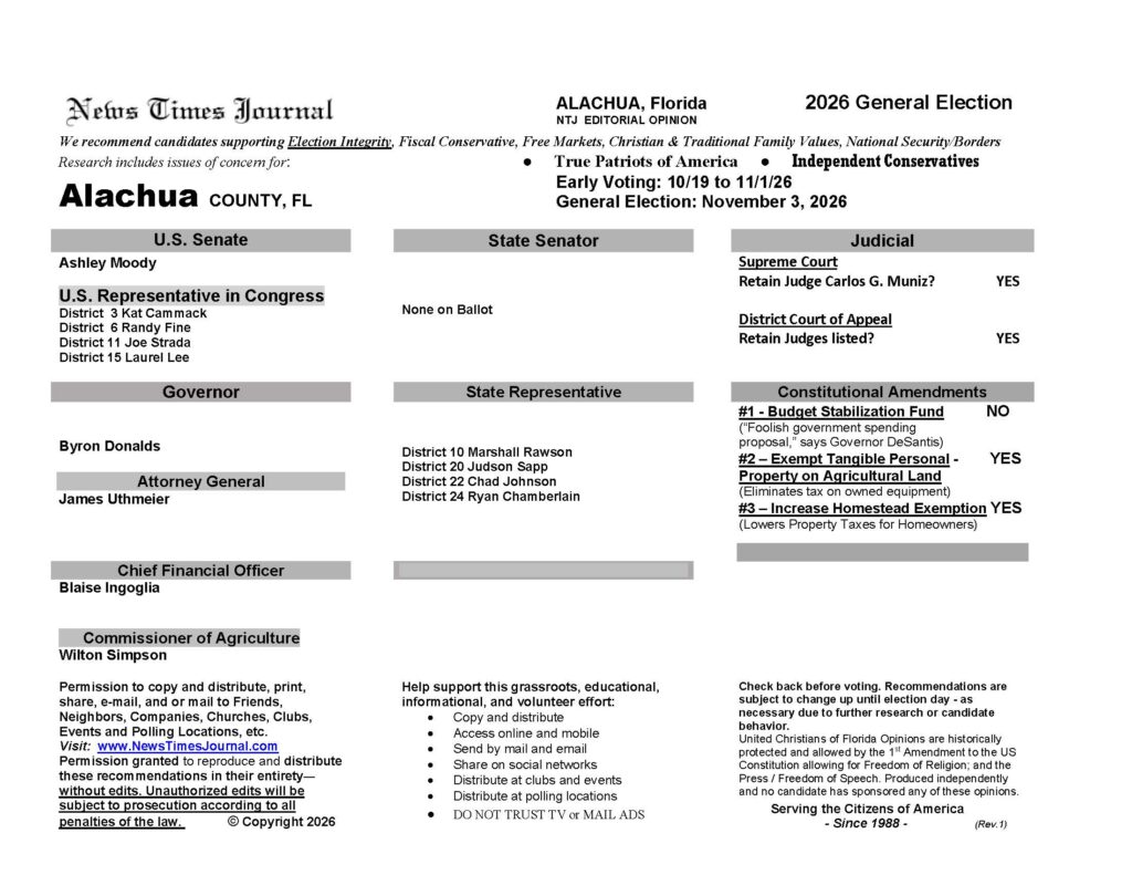 Alachua County Florida General Election Voter Recommendation Guide 2026