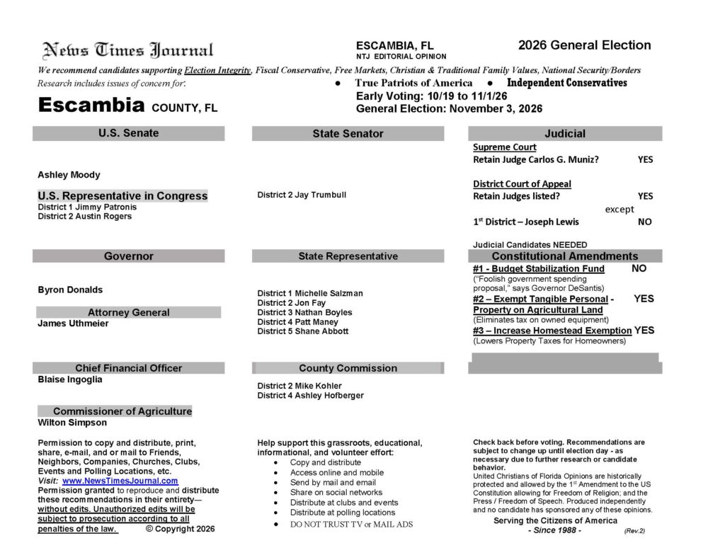 Escambia County Florida General Election Voter Recommendation Guide 2026