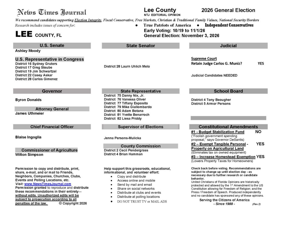 Lee County Florida General Election Voter Recommendation Guide 2026