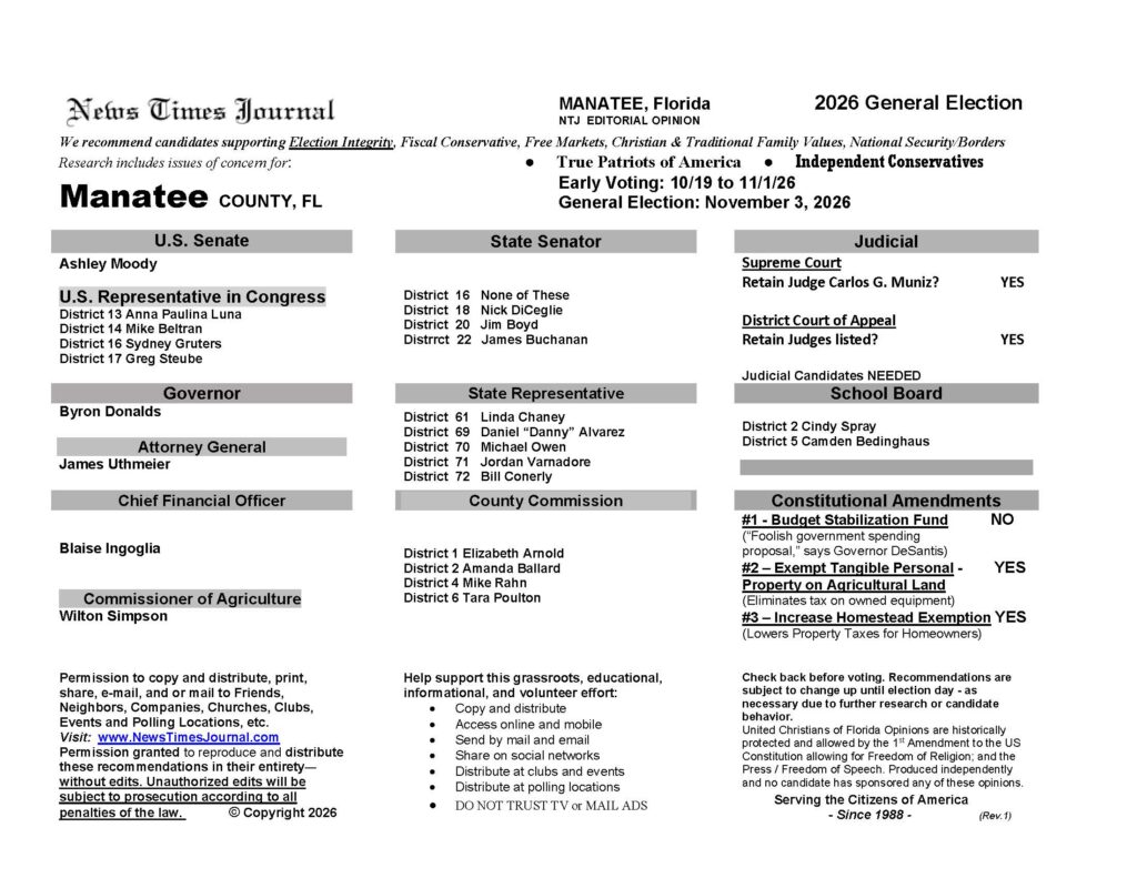 Manatee County Florida General Election Voter Recommendation Guide 2026