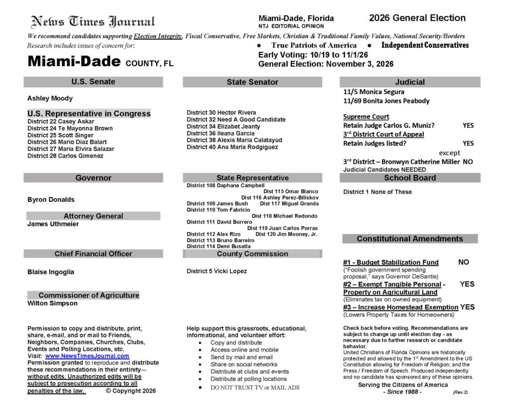 Miami-Dade County Florida General Election Voter Recommendation Guide 2026