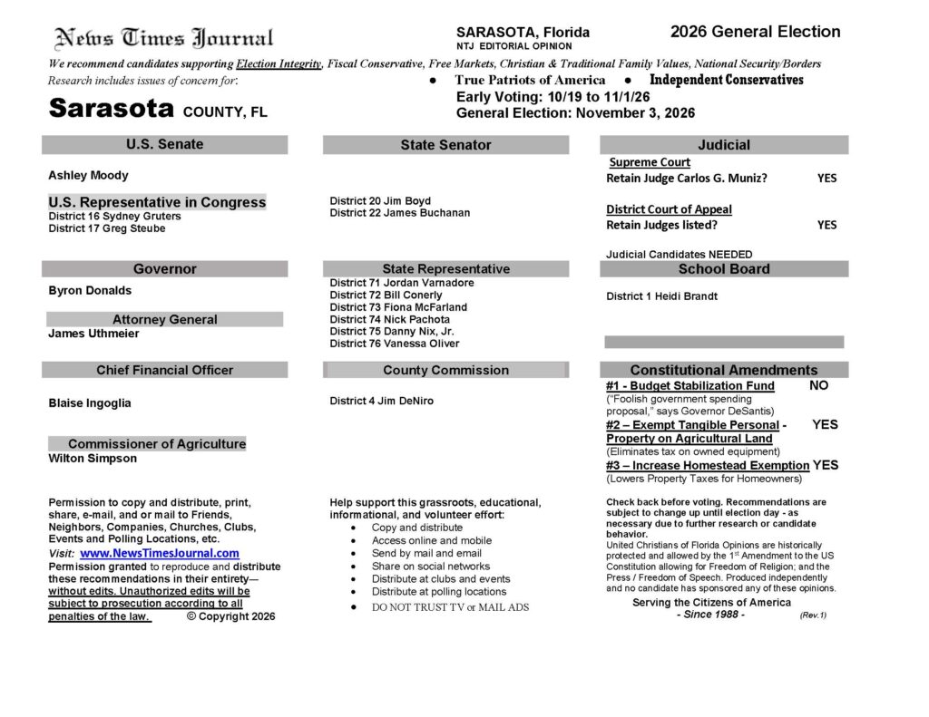 Sarasota County Florida General Election Voting Guide 2026