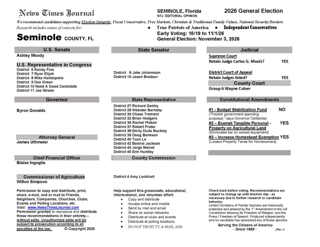 Seminole County Florida General Election Voting Guide 2026