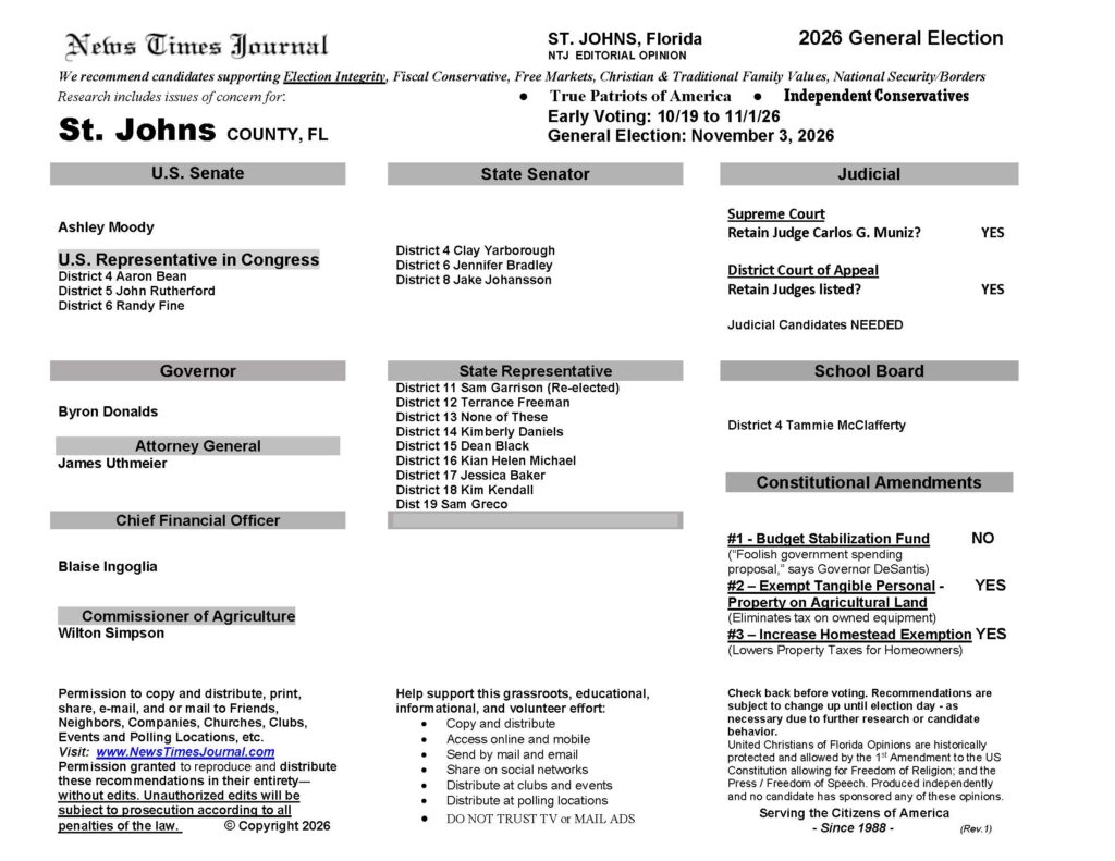 St Johns County Florida General Election Voting Guide 2026